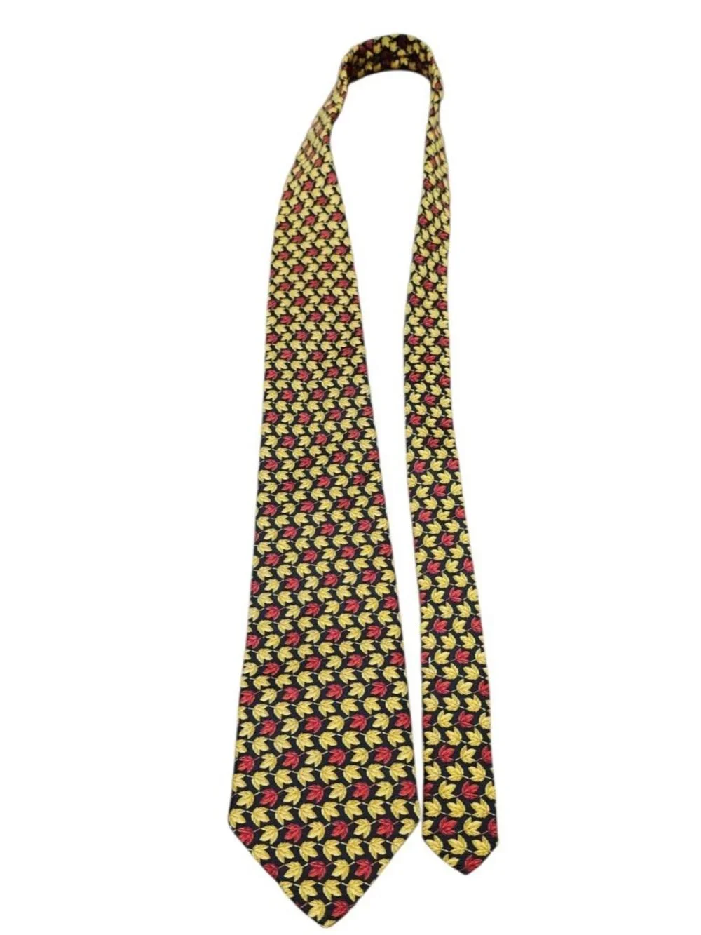 Vintage Burberrys of London 100% Silk Tie Black Red Gold Leaf Print England